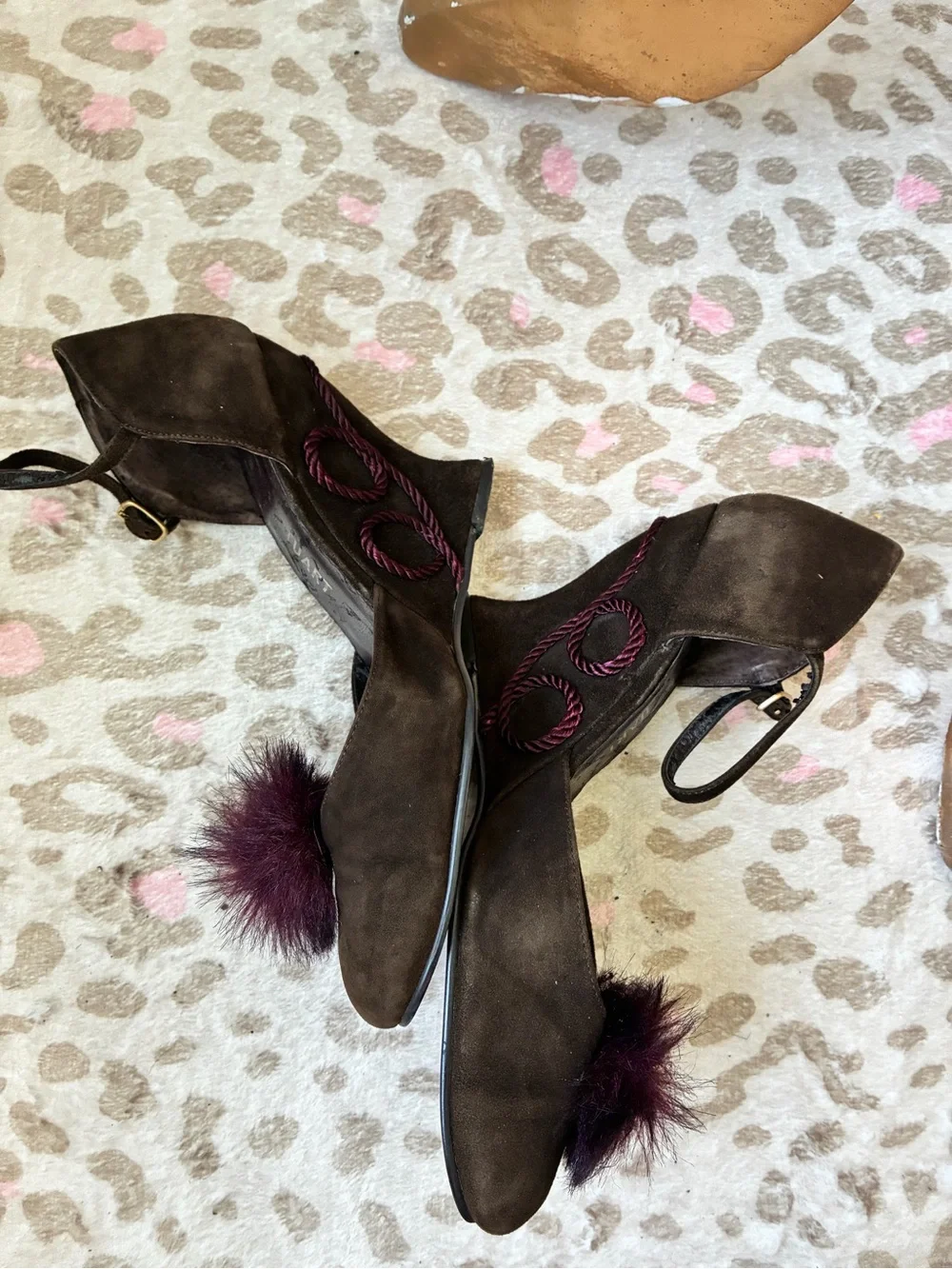 Colin Stuart Brown Suede Mary Jane Wedges with Plum Pom Trim
